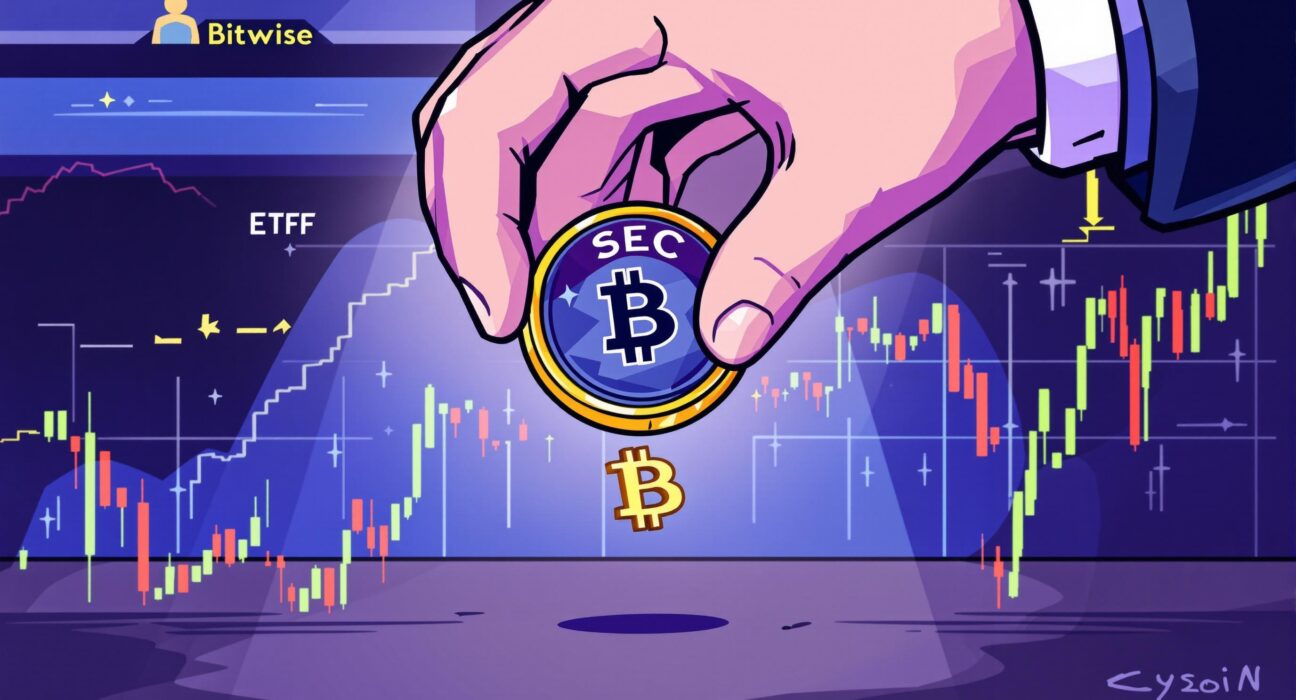 A cartoon illustration symbolizing the SEC's suspension of a Crypto ETF Approval, showing regulatory hurdles for digital assets.