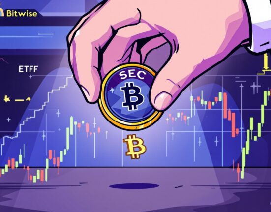 A cartoon illustration symbolizing the SEC's suspension of a Crypto ETF Approval, showing regulatory hurdles for digital assets.