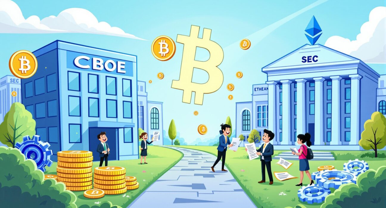 A cartoon illustration symbolizing the progress of Crypto ETF Approval for Bitcoin and Ethereum, showing coordination between financial institutions.