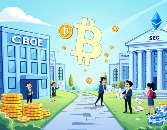 A cartoon illustration symbolizing the progress of Crypto ETF Approval for Bitcoin and Ethereum, showing coordination between financial institutions.