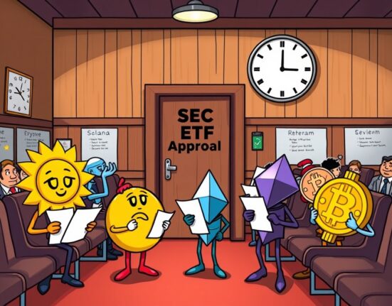Cartoon of various crypto icons anxiously waiting for SEC review, symbolizing the anticipation for Crypto ETF Approval.