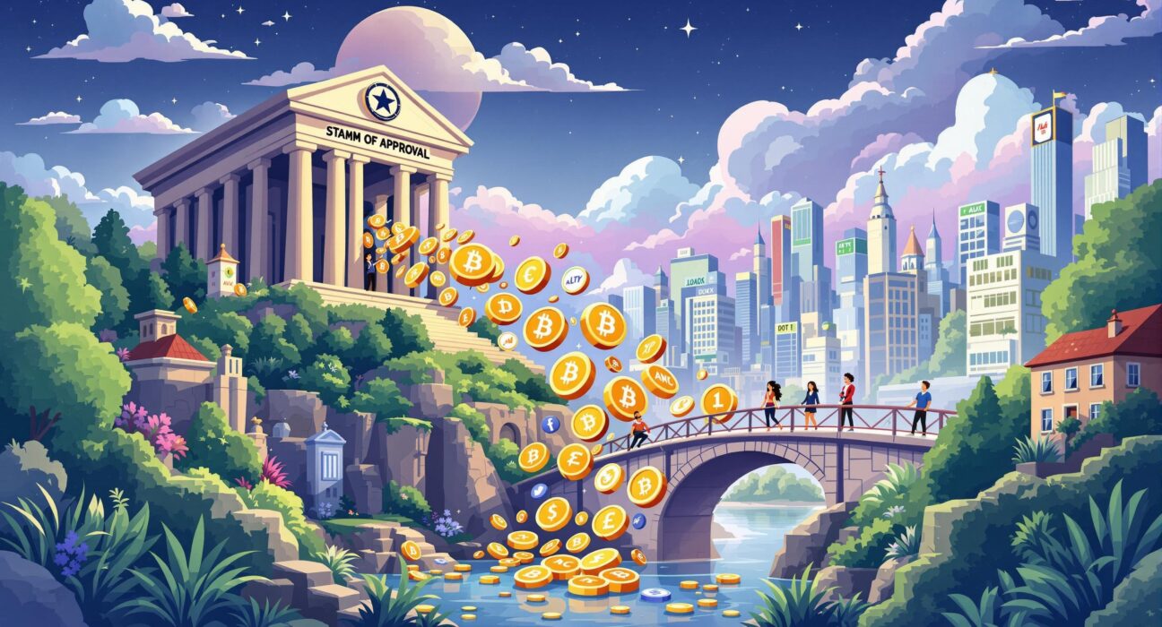 A cartoon illustration showing the SEC approving a Crypto ETF, symbolizing a monumental bridge between traditional finance and digital assets.