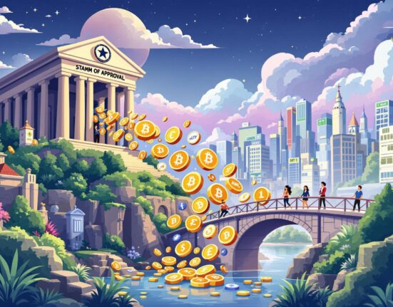 A cartoon illustration showing the SEC approving a Crypto ETF, symbolizing a monumental bridge between traditional finance and digital assets.