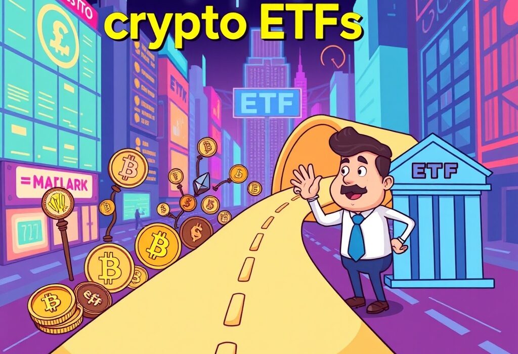 A cartoon illustration depicting simplified crypto ETF listings, showing digital assets flowing smoothly through a streamlined regulatory process.
