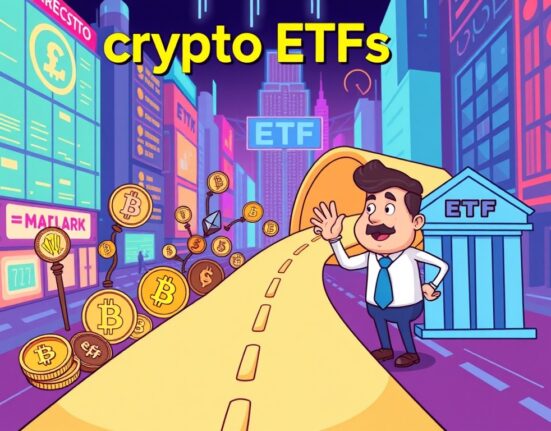 A cartoon illustration depicting simplified crypto ETF listings, showing digital assets flowing smoothly through a streamlined regulatory process.