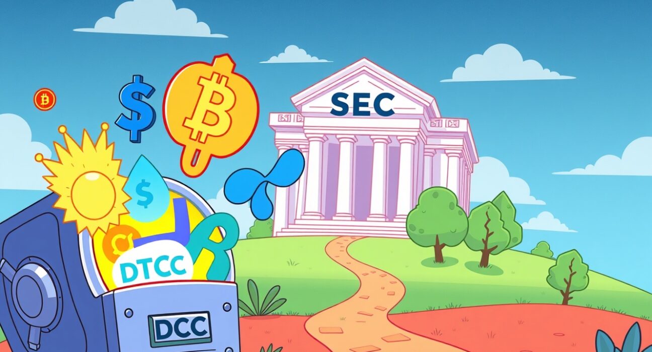 Cartoon illustration showing various altcoin symbols emerging from a DTCC vault, signifying new crypto ETFs gaining traction.