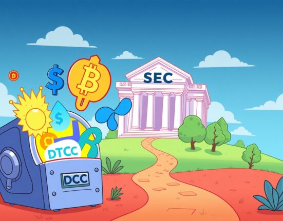 Cartoon illustration showing various altcoin symbols emerging from a DTCC vault, signifying new crypto ETFs gaining traction.