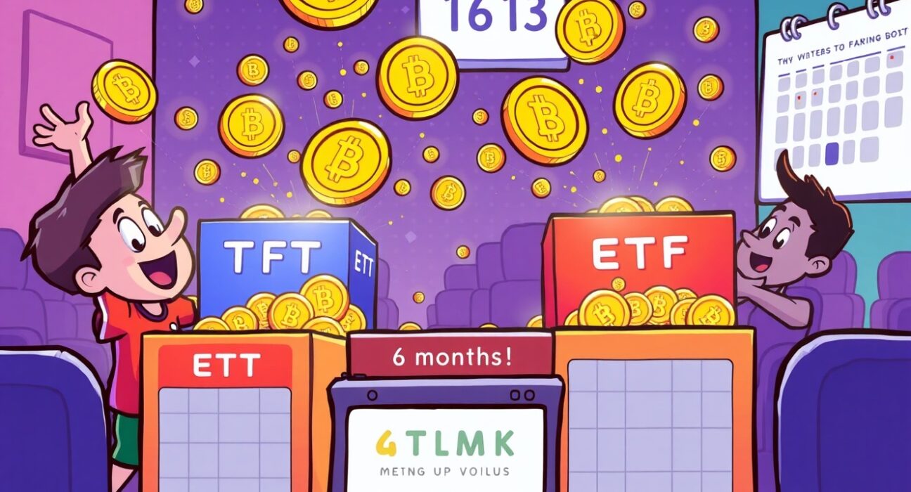 Cartoon illustration showing the amazing growth of crypto ETFs with coins flowing into investment funds