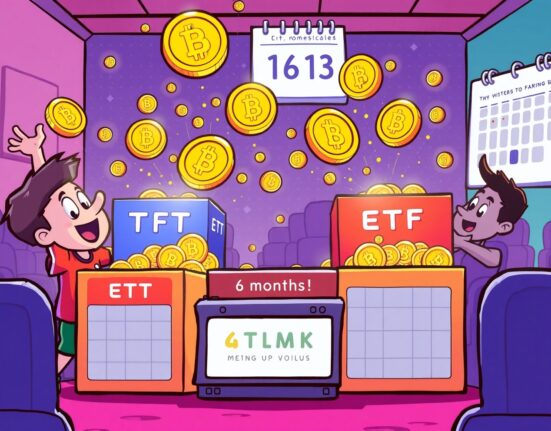 Cartoon illustration showing the amazing growth of crypto ETFs with coins flowing into investment funds