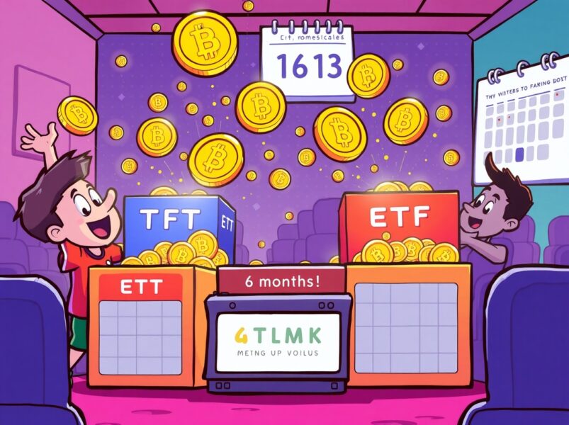 Cartoon illustration showing the amazing growth of crypto ETFs with coins flowing into investment funds