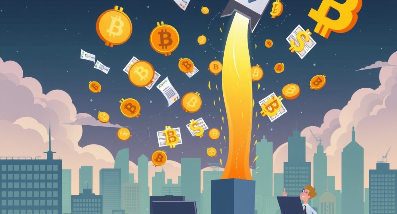 Cartoon illustration of numerous crypto ETFs launching into the market, symbolizing rapid growth and new investment opportunities.