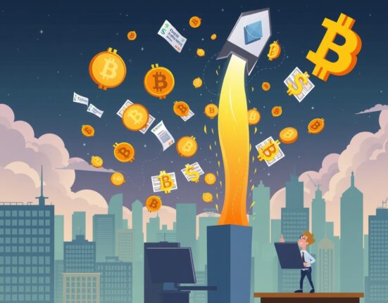 Cartoon illustration of numerous crypto ETFs launching into the market, symbolizing rapid growth and new investment opportunities.