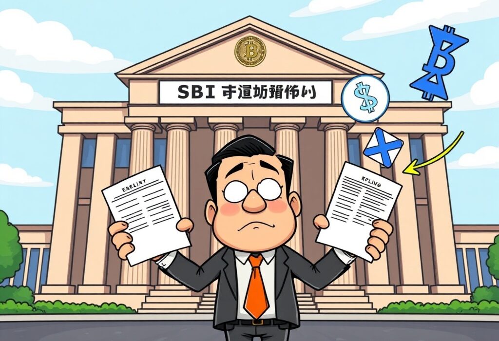A cartoon illustration depicting SBI Holdings clarifying its stance on crypto ETFs Japan filings, emphasizing the ongoing planning stage.