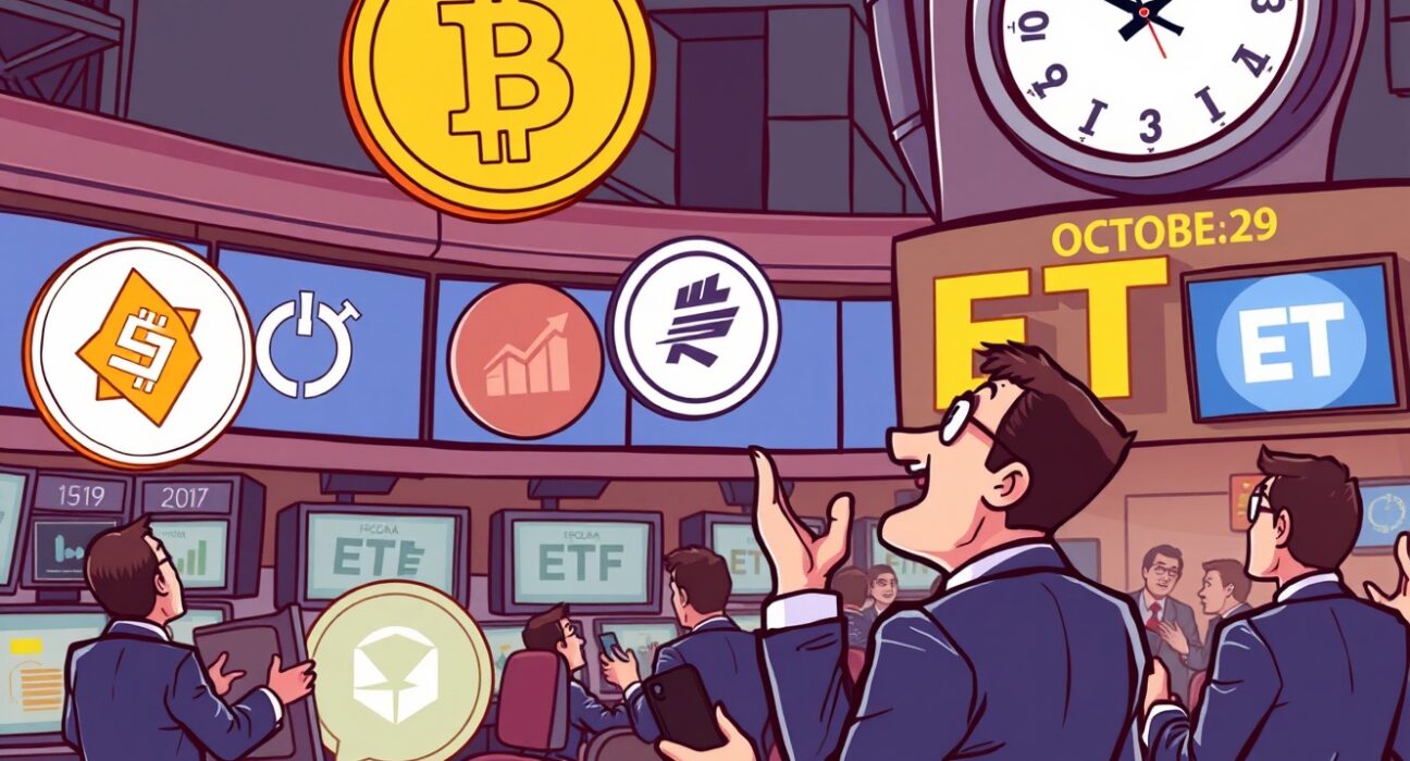 Cartoon illustration showing Crypto ETFs for Solana, Litecoin, and Hedera launching on a stock exchange, symbolizing new investment opportunities.