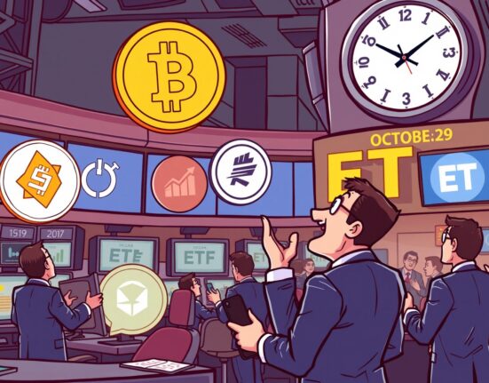 Cartoon illustration showing Crypto ETFs for Solana, Litecoin, and Hedera launching on a stock exchange, symbolizing new investment opportunities.