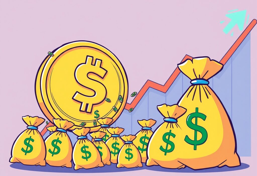 Cartoon illustration of Crypto ETFs receiving massive inflows, symbolizing market growth and investor confidence.