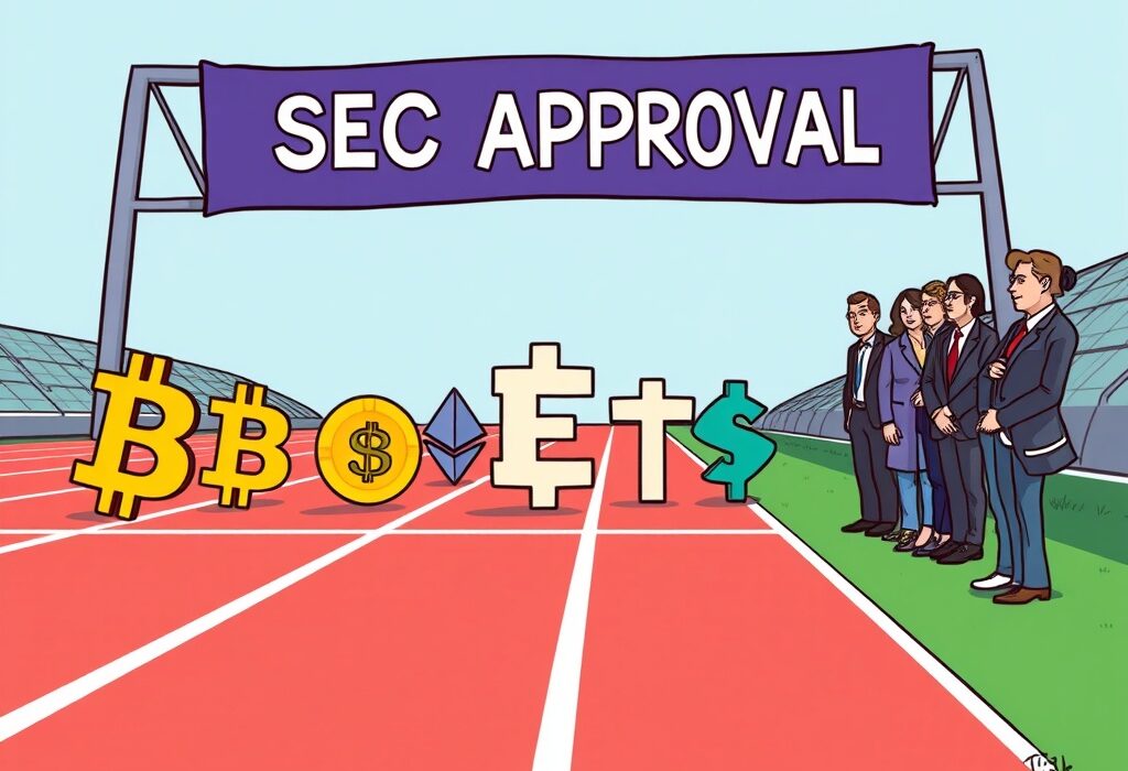 A cartoon illustration showing various Crypto ETFs competing in a race, symbolizing their survival battle post-SEC approval and institutional adoption.