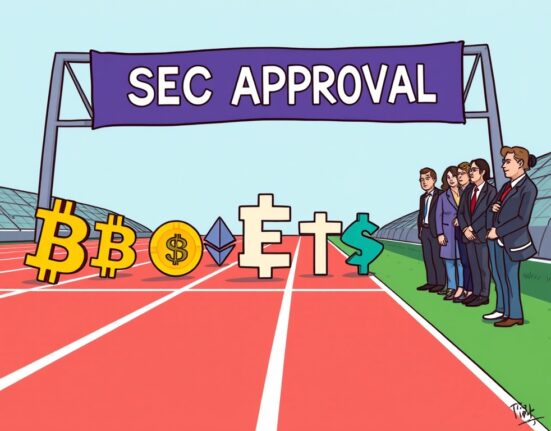 A cartoon illustration showing various Crypto ETFs competing in a race, symbolizing their survival battle post-SEC approval and institutional adoption.