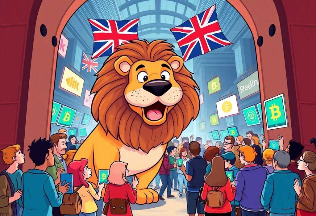 A cartoon lion opens a gate to a market of eager retail investors, symbolizing new access to Crypto ETNs in the UK.