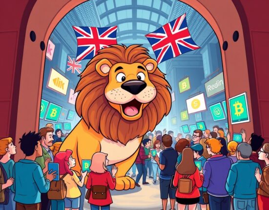 A cartoon lion opens a gate to a market of eager retail investors, symbolizing new access to Crypto ETNs in the UK.