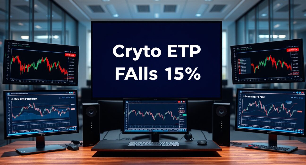 Financial newsroom monitors displaying crypto ETP AUM data and Bitcoin price charts