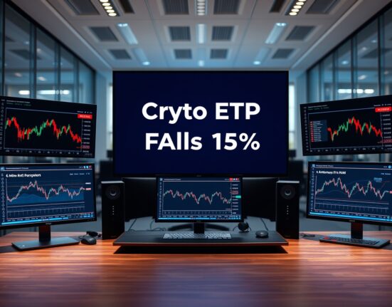 Financial newsroom monitors displaying crypto ETP AUM data and Bitcoin price charts