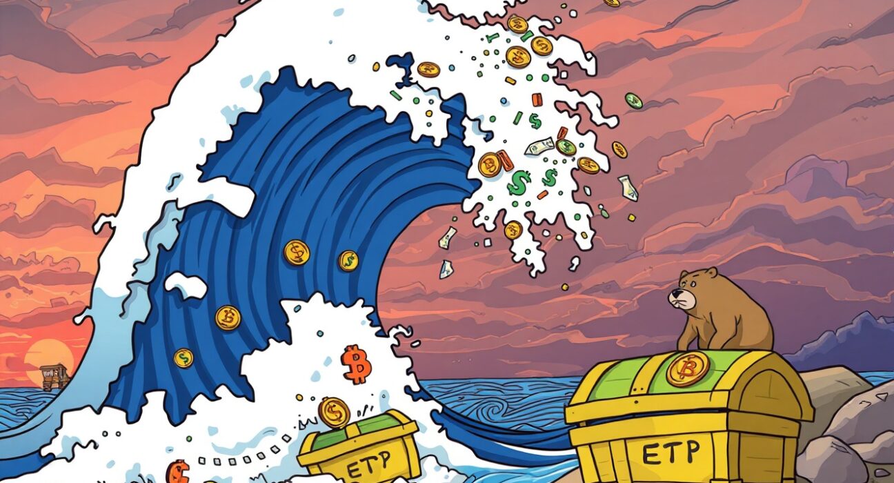 A cartoon wave of crypto ETP liquidations crashing over small investment treasure chests.