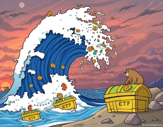 A cartoon wave of crypto ETP liquidations crashing over small investment treasure chests.