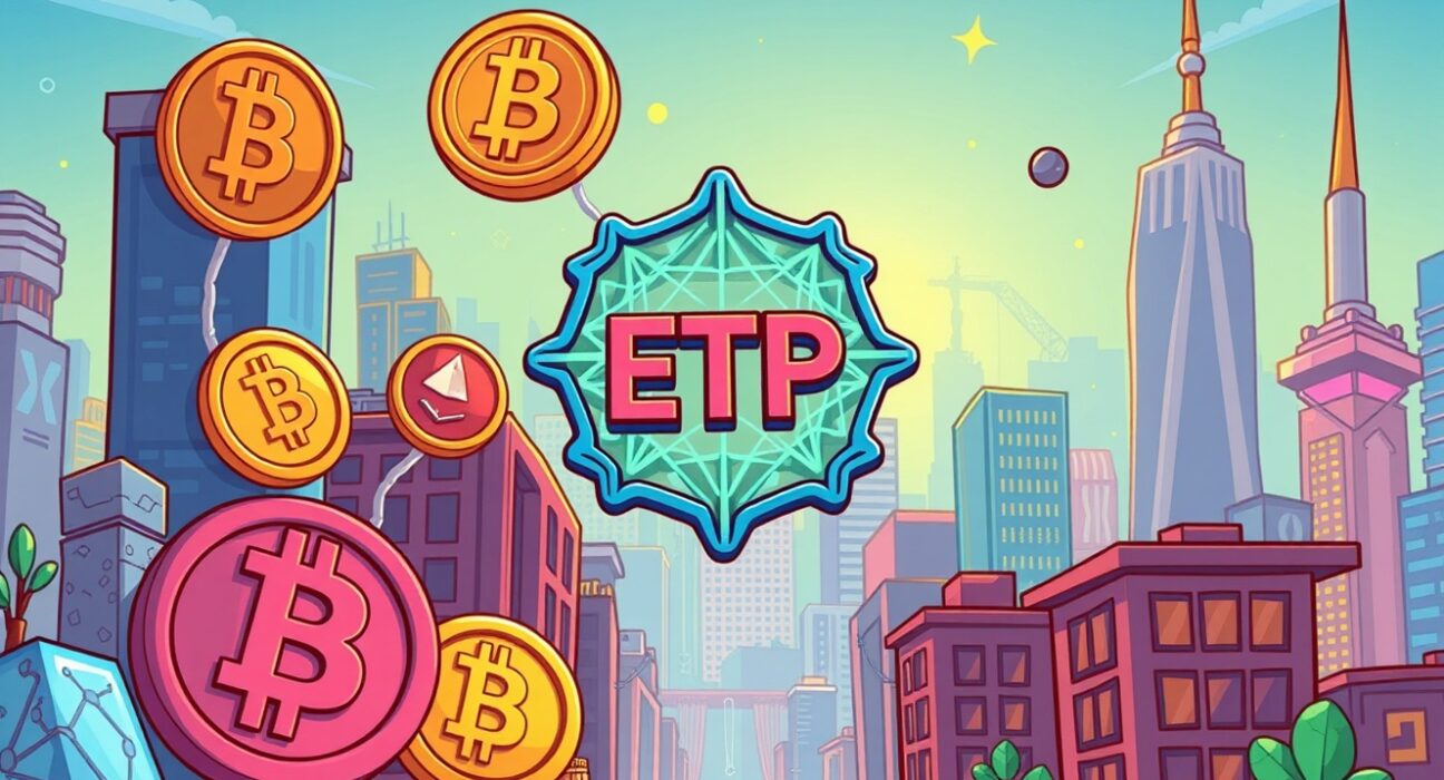 Cartoon illustration showing innovative crypto ETPs linking AI and Solana technologies for modern digital asset investment.