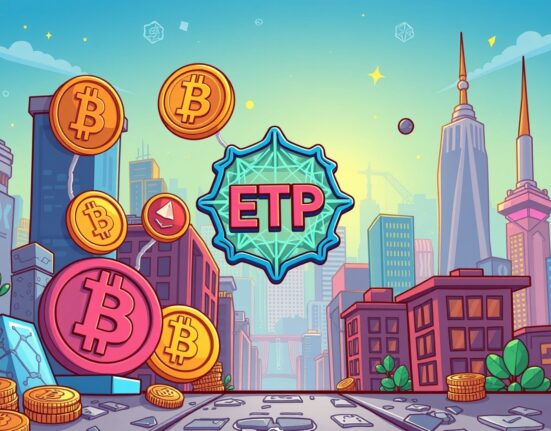 Cartoon illustration showing innovative crypto ETPs linking AI and Solana technologies for modern digital asset investment.