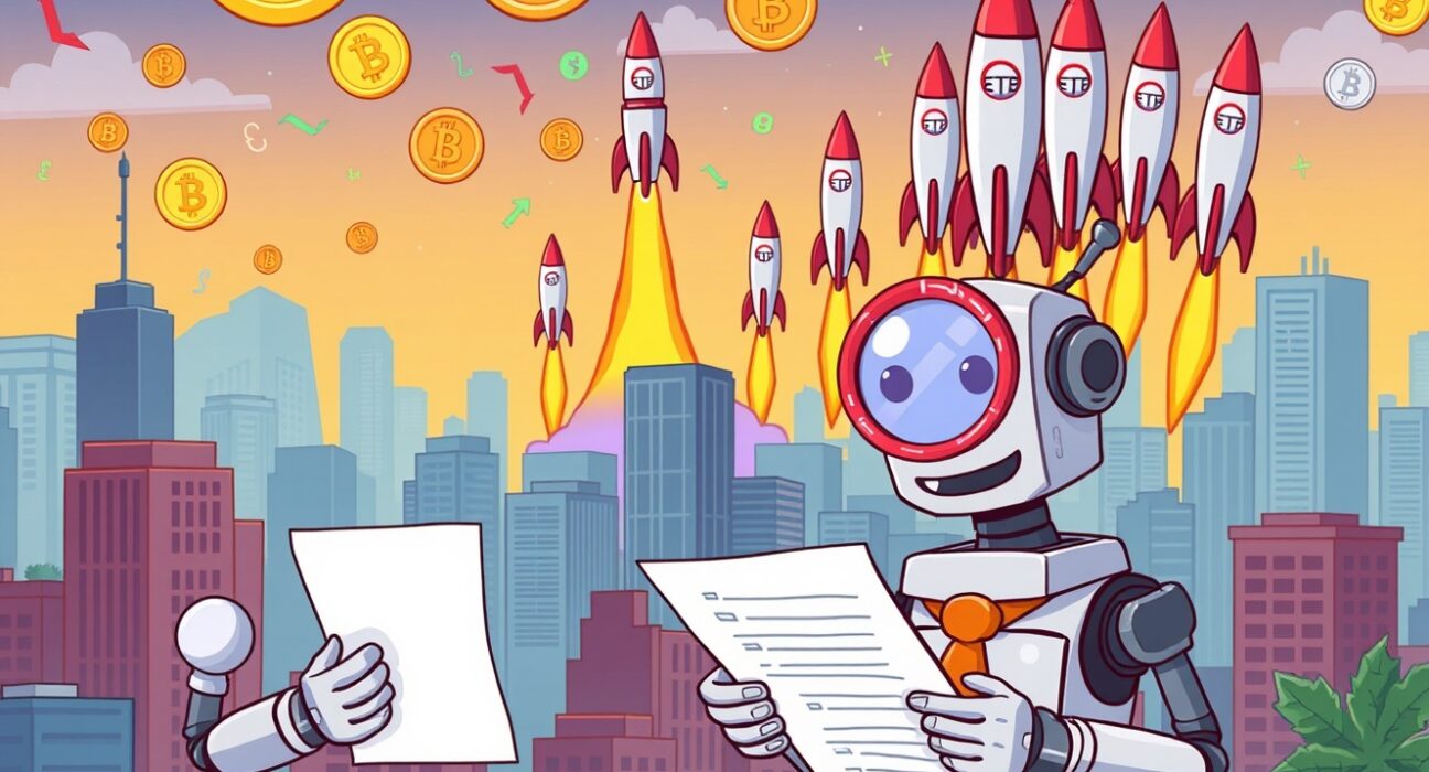 Cartoon showing crypto ETPs launching, symbolizing market growth and new investment opportunities from SEC rule changes.