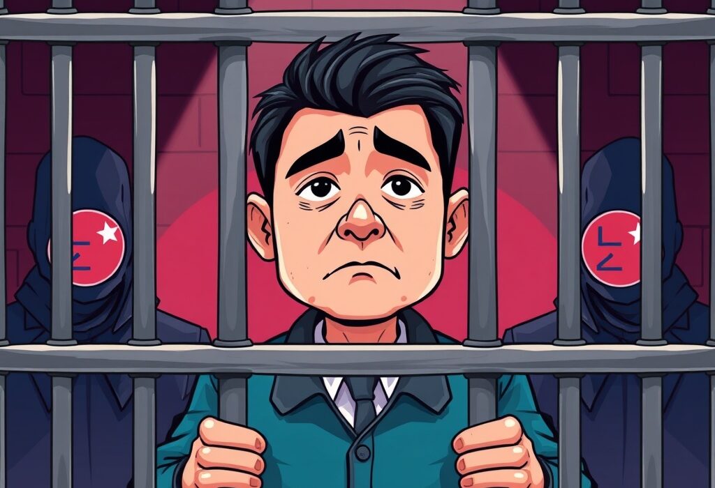 Cartoon illustration of a crypto exchange CEO behind bars, symbolizing the legal consequences of leaking military secrets to a North Korean agent.