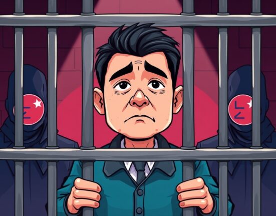 Cartoon illustration of a crypto exchange CEO behind bars, symbolizing the legal consequences of leaking military secrets to a North Korean agent.