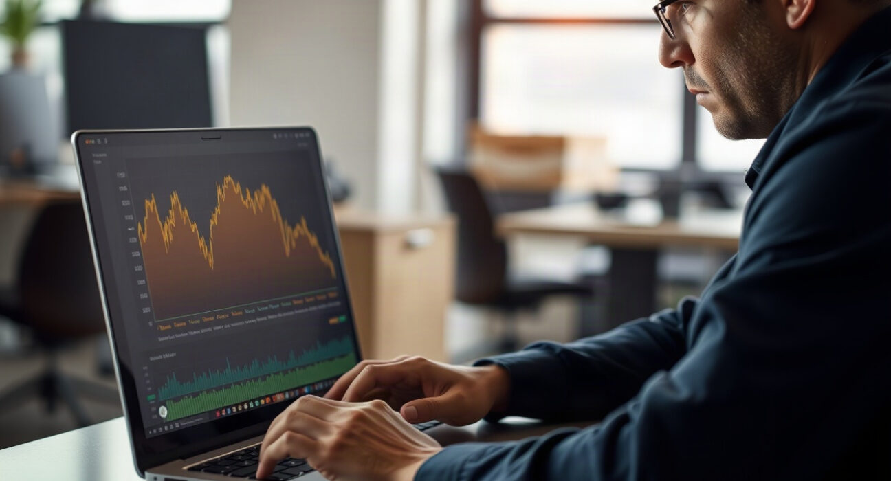 Trader viewing a declining token price chart on a laptop, representing concerns about exchange token risks.