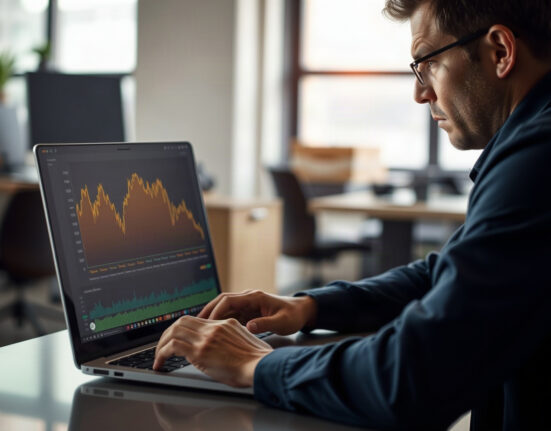 Trader viewing a declining token price chart on a laptop, representing concerns about exchange token risks.