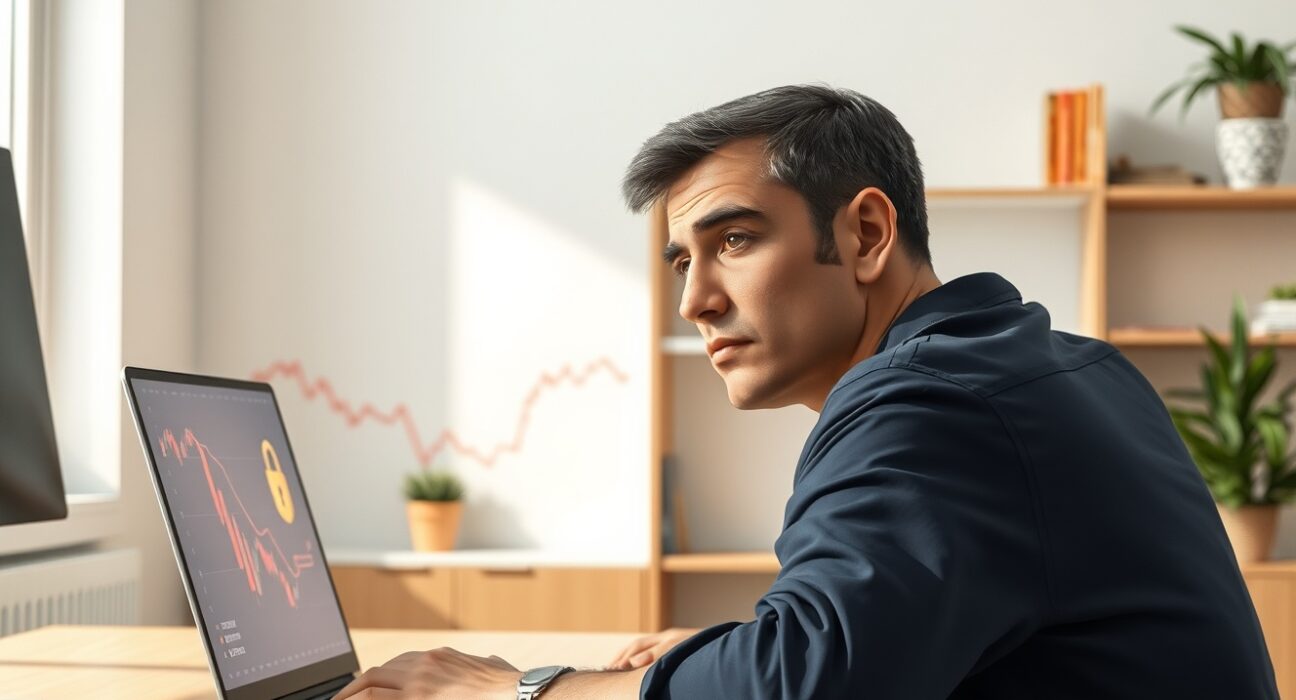 Concerned cryptocurrency investor analyzing exchange security and trust data on a laptop.