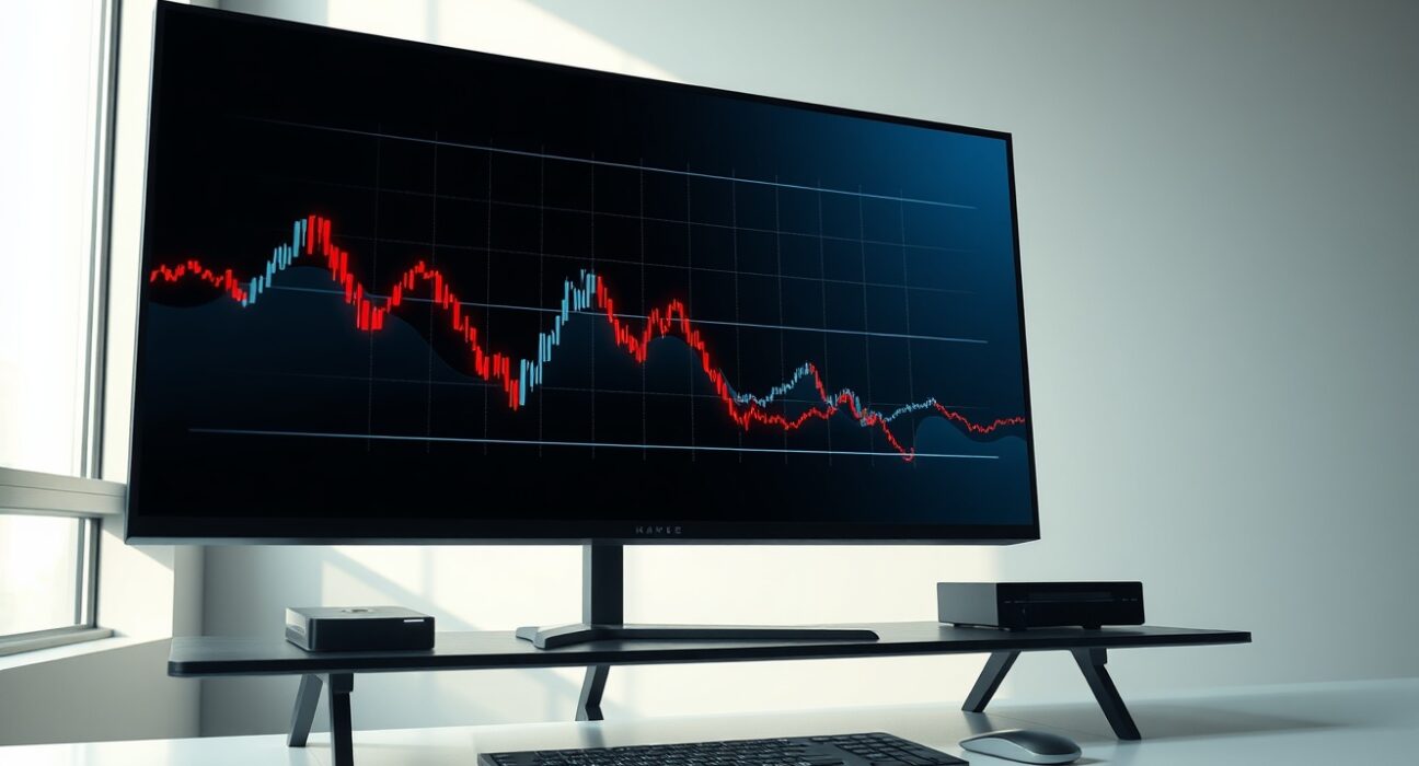 Data visualization on a trading desk monitor showing the divergence between falling spot and rising derivatives cryptocurrency trading volume.