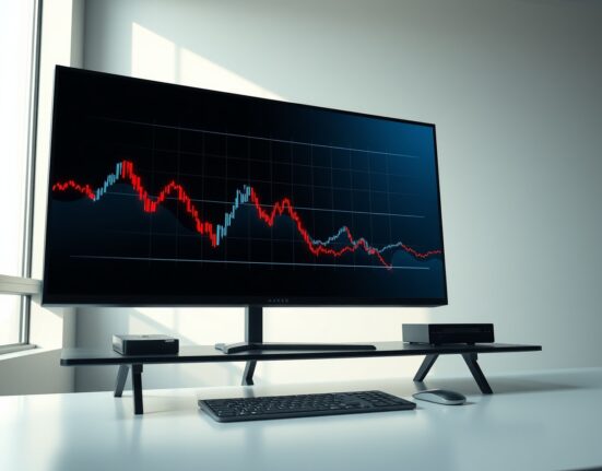 Data visualization on a trading desk monitor showing the divergence between falling spot and rising derivatives cryptocurrency trading volume.