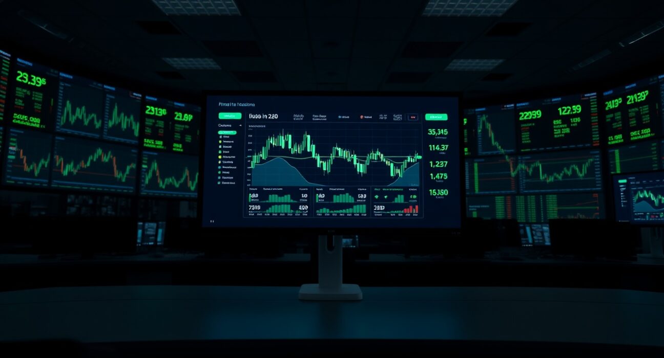 Crypto trading dashboard on a monitor in a professional financial news setting