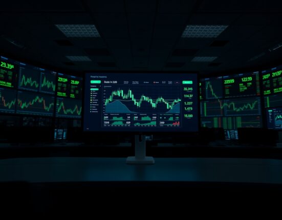 Crypto trading dashboard on a monitor in a professional financial news setting