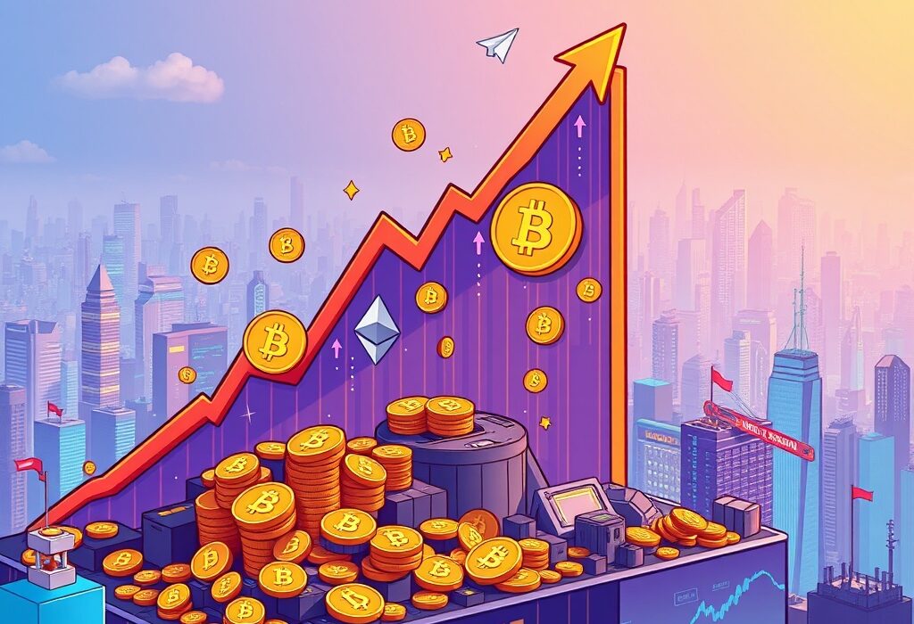 Cartoon illustration showing the significant increase in Crypto Exchange Volume, with digital coins and upward trending charts representing market growth.