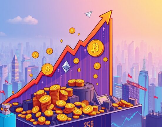 Cartoon illustration showing the significant increase in Crypto Exchange Volume, with digital coins and upward trending charts representing market growth.