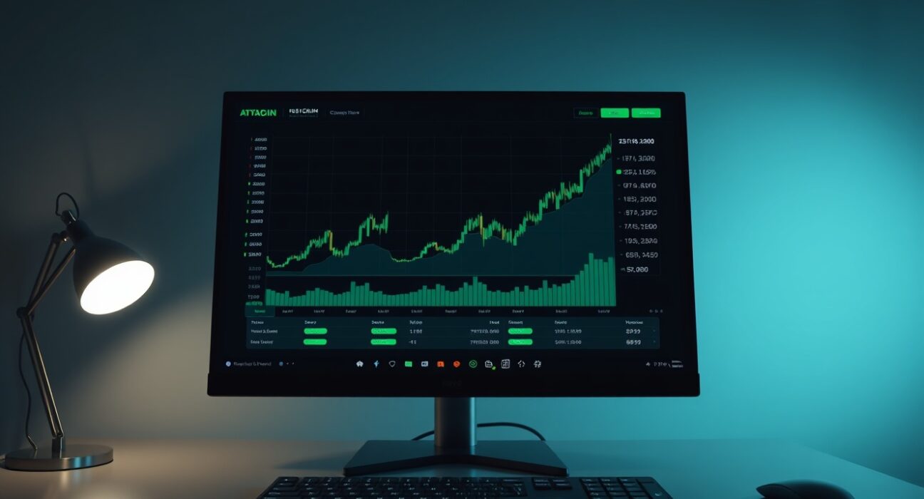 Cryptocurrency trading dashboard showing an upward trend on a monitor in a modern office.