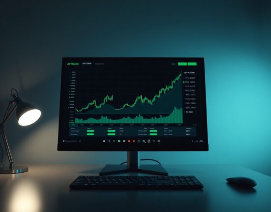 Cryptocurrency trading dashboard showing an upward trend on a monitor in a modern office.