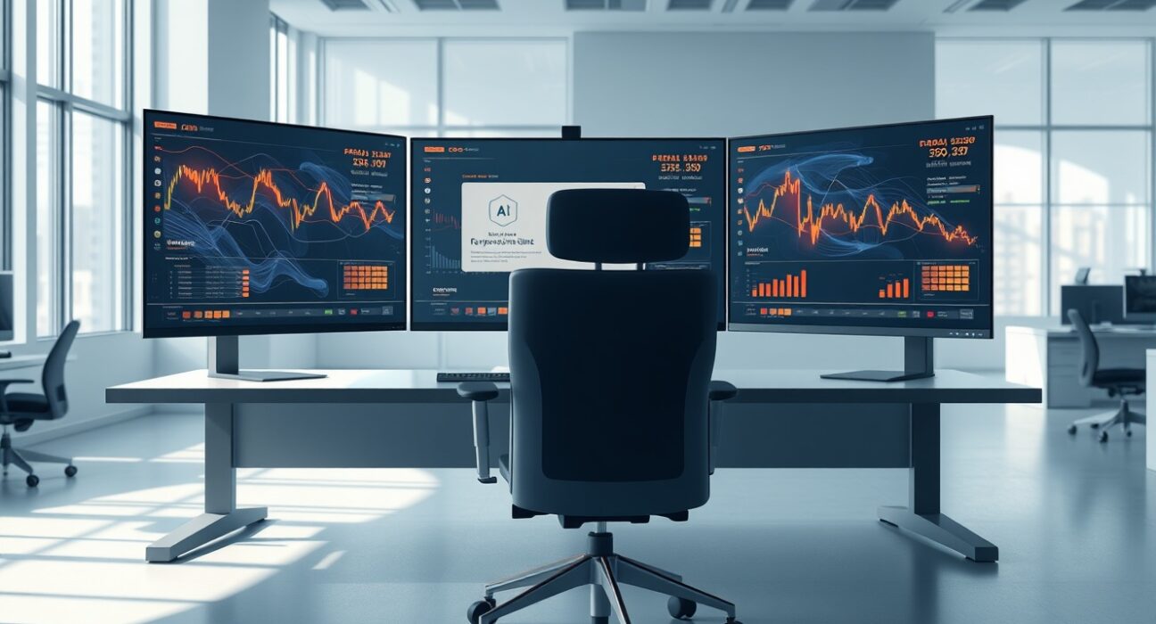 Modern cryptocurrency exchange trading floor with AI-powered data analytics interfaces on multiple monitors, representing the industry's AI adoption.