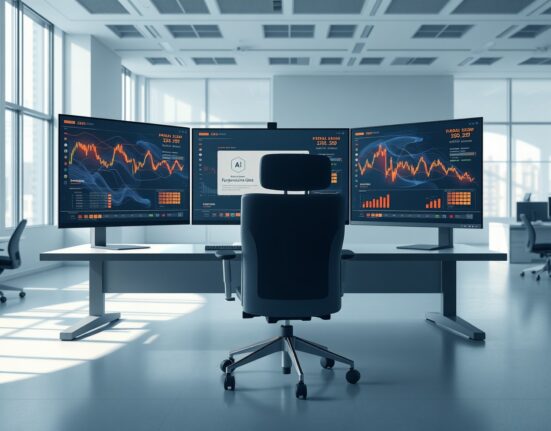Modern cryptocurrency exchange trading floor with AI-powered data analytics interfaces on multiple monitors, representing the industry's AI adoption.