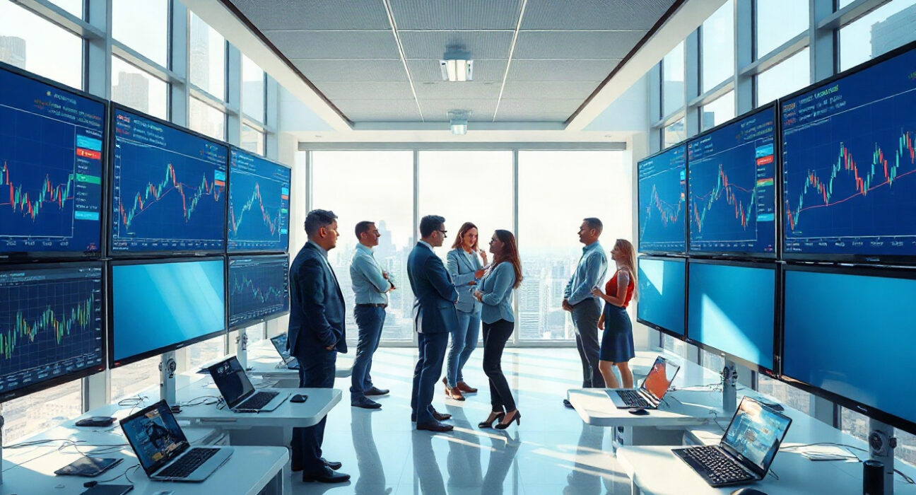 Trading floor of a modern cryptocurrency exchange with analysts monitoring charts and stablecoin data on large screens
