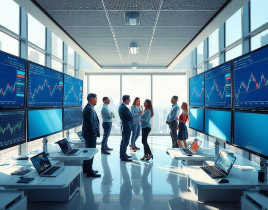 Trading floor of a modern cryptocurrency exchange with analysts monitoring charts and stablecoin data on large screens