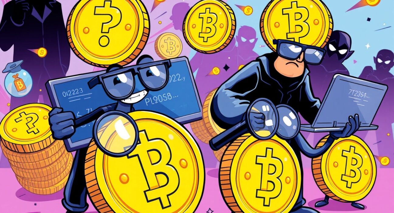 Cartoon investigation revealing crypto exchanges illicit trades with magnifying glasses and digital coins
