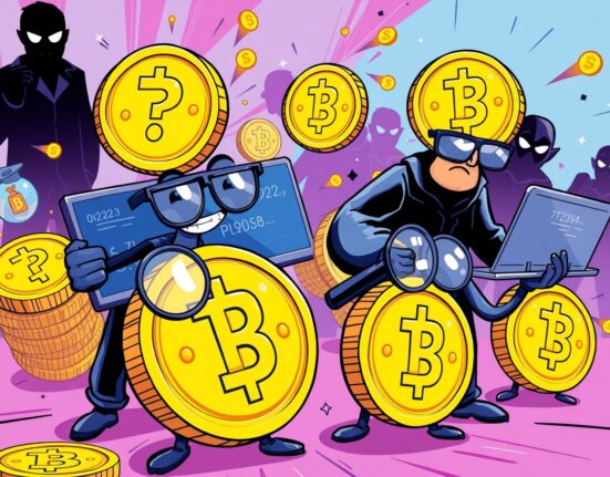 Cartoon investigation revealing crypto exchanges illicit trades with magnifying glasses and digital coins